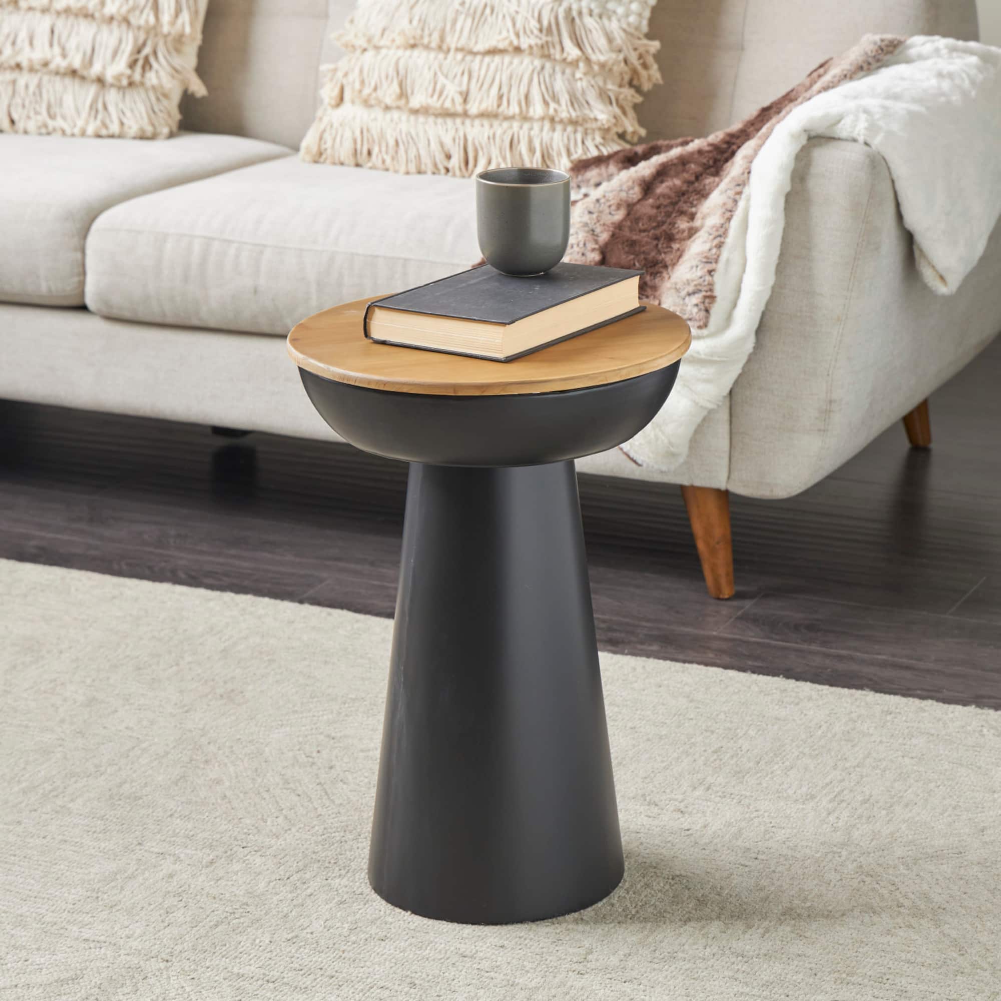 21" Black Metal Pedestal Accent Table with Brown Wood Tabletop
